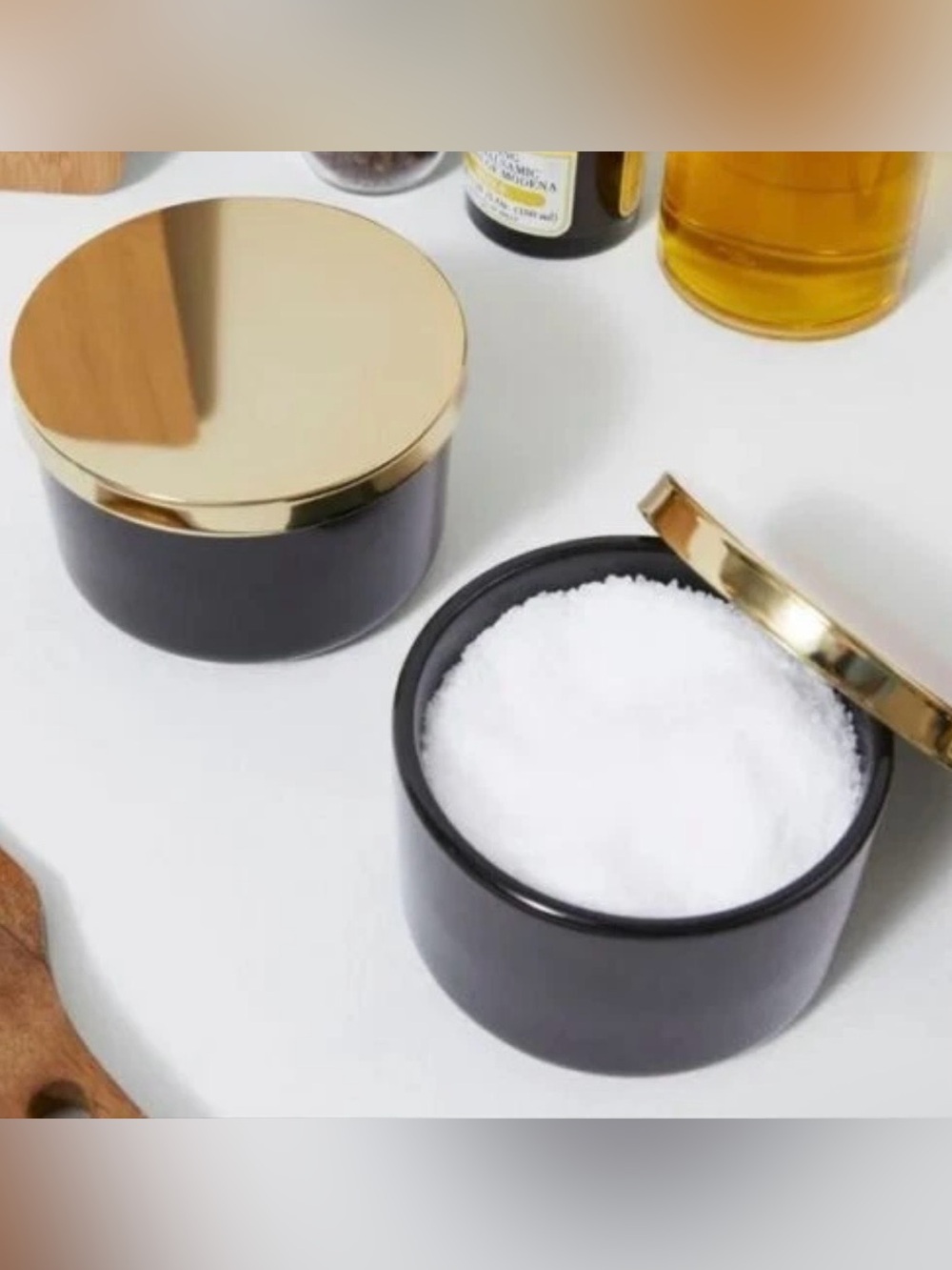 Z Gallerie NWT Ceramic Multi Use Storage Duo Canisters Black Gold Lids